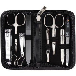 3 Swords Germany - brand quality 8 piece manicure pedicure grooming kit set synthetic leather case black - Made in Germany