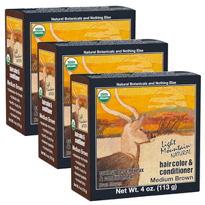 Light Mountain Henna Hair Color &amp Conditioner - Medium Brown Hair Dye for Men/Women Organic Henna Leaf Powder and Botanicals Chemical-Free Semi-Permanent Hair Color 4 Oz (Pack of 3)