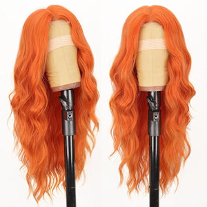 AISI HAIR Orange Wig for Women Long Wavy Lace Hairline Middle Part Synthetic Heat Resistant Wig for Daily Party-26 Inch