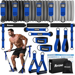 Pilates Equipment Heavy Duty Pilates Bar Kit with Resistance Bands Portable Gym Adjustable Exercise Bands Home Squat Training Arm Abs Waist Chest Strength Workout Equipment for Men
