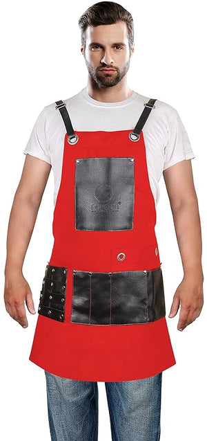 Professional Cotton Apron Hair Cutting Hairdressing Barber Apron Chef Apron for Men Women (Red)