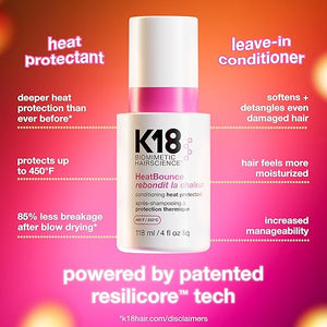 K18 HeatBounce Conditioning Heat Protectant Spray Lightweight Leave-In Conditioner + 450¢µ (232¡ÆC) Heat Protection Soften Smooth + Detangle All Hair Types 4 Fl Oz Liq