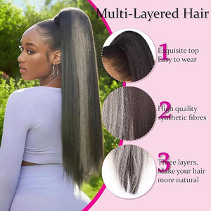 Drawstring Ponytail Extension for Women, 30 Inch Long Yaki Straight Pony Tails Hair Hairpiece Clip in Extensions Natural Looking Soft Synthetic Drawstring Ponytail for Black Women, Black Ombre White