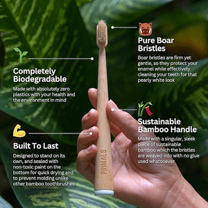 PRIMALS Boar Bristle &amp Bamboo Toothbrush (4-Pack) - Premium Boar Bristles - Fully Biodegradable - Plastic &amp Nylon Free - Quick Dry Design