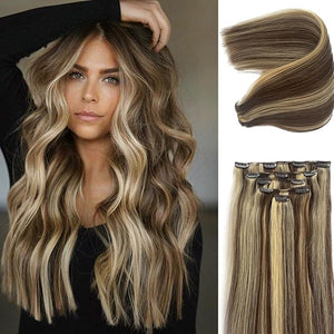 Brown mixed Blonde Human Hair Extension OiMiGO Highlight Clip in Hair Extensions Double Weft Handmade Straight Hair 5pcs 70g 100% Brazilian Virgin Human Hair for Women (#4T61318Inch)