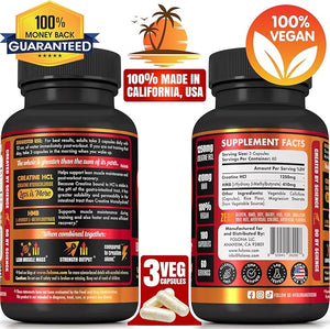Creatine HCL Capsules with HMB - Workout Supplement for Men &amp Women Muscle Builder Endurance Strength Superior to Monohydrate: Instantized for Max Absorption No Load No Bloat 180 Vegan Caps