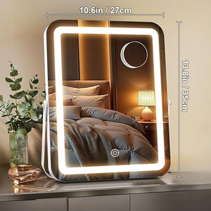 MINISO Vanity Mirror with Lights 10.6 x 13.8 LED Makeup Mirror Light &amp Brightness Adjustment Smart Sensor Aluminum Alloy Metal White Frame with 5X Magnifying Glass