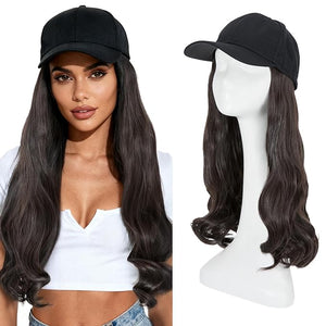 S-noilite Hat Wig for Women Baseball Cap Wig with Long Wavy Synthetic Hair Extensions Attached Adjustable Hat Wigs 16 inch Chocolate Brown