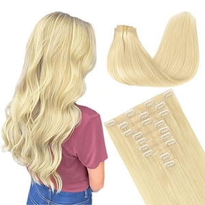 GOO GOO Clip in Hair Extensions Real Human Hair, Remy Human Hair Extensions Clip ins for Women, Natural Human Hair, 14inch 130g 9Pcs, 60A Platinum Blonde