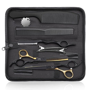 JASON Professional 10-Piece Haircut Scissors Set - 6.5 Thinning/Texturizing Scissors Straight Shears for Men Women &amp Home Salon (30 Teeth Black &amp Gold)