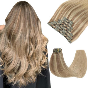 Clip in Hair Extensions Real Human Hair Remy Clip in Extensions 16 Inch 7pcs 140g Ash Brown to Caramel Blonde Hair Extensions (#10/27/27,16'')
