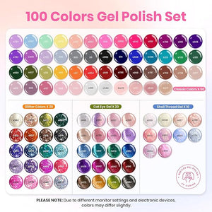 Beetles 100 Colors Gel Nail Polish Set, 119 PCS Nail Polish Kit All Season Cat Eye Pink Blue Jelly Glitter Pearl Gel Polish &amp; 5Pcs Base Top Coat Soak off UV Manicure Nail Art Home Gifts for Women