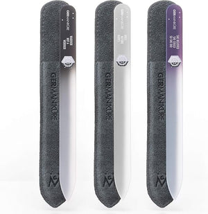 GERMANIKURE Czech Crystal Glass Nail File 3 Pack in Suede Sleeves - Professional Manicure &amp Pedicure Products for Smooth Easy Shaping of Natural Nails - Ideal Nail Care Gift