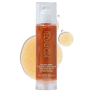 Kopari Sun Shield Body Glow Broad Spectrum SPF 30 Lightweight Shimmering Gel Texture Absorbs Quickly Non Sticky Glowing Results Golden Amber 5 oz