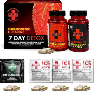 Rescue Detox 7 Day Thermogenic Permanent Detox Kit - Full Body Detox Cleanse for Women and Men - Body Detox Pills for Stomach Detox Cleanse - 100ct Capsules with Bonus Instant Ice Caps