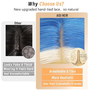 AISI HAIR Light Blue Platinum Blonde Highlight Wig for Women Long Wavy Lace Hairline Middle Part Synthetic Heat Resistant Wig for Daily Party-26 Inch