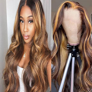 Honey Blonde Lace Front Wig Human Hair Glueless Wigs Human Hair Pre Plucked 13x4 HD Body Wave Lace Front Wigs 4/27 Colored Highlight Ombre Lace Front Wigs For Women (body wave 28inch)