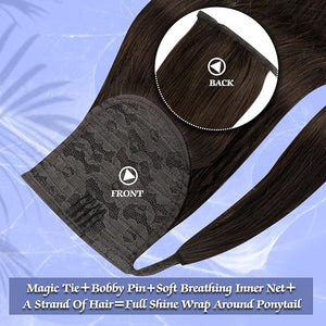 Full Shine Human Hair Ponytail Hair Piece Dark Brown Fading Light Brown Highlight Darkest Brown Ponytail Hair Extensions Real for Thin Hair 18inch 80g