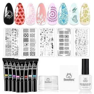 Beetles Nail Stamp Gel 16Pcs French Tip Nail Stamp Kit with 8 Colors Stamper Gel Polish, 5 Nail Stamping Templates, Scrapers, Liquid Latex &amp; Short Silicone Stamper Gift for Women