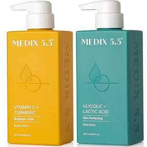 Medix 5.5 Exfoliating AHA Glycolic Acid Face &amp Body Wash Cleanser + Vitamin C Moisturizing Body Cream Lotion Skin Care 2PC Set | Alpha Hydroxy Acid &amp Lactic Acid Foaming Face Wash 2-PC