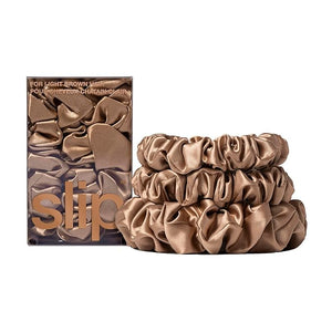 slip Back to Basics Light Brown Midi &amp Large Scrunchie Set | Includes 2 Midi &amp 1 Large Pure Silk Scrunchies | 100% Mulberry Silk Anti-Crease Hair-Friendly Reduces Breakage | Stylish &amp D