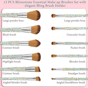 Rtteri 13 Pcs Rhinestone Silver Makeup Brushes Set Bling Crystal Professional Face Cosmetics Blending Liquid Foundation Powder Concealer Eye Shadows Make up Beauty Tool Glitter with Holder