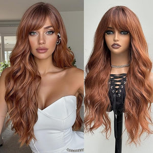 topshe Ombre Auburn Wig with Bangs Long Curly Wigs for Women Heat Resistant Synthetic Colored Wigs Natural Looking Wavy Hair 26 Inch Daily Party &amp Cosplay Use