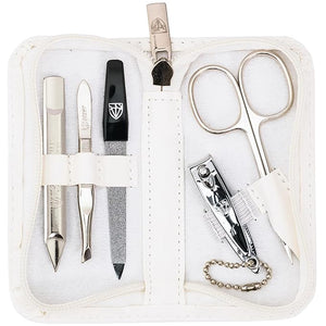 3 Swords Germany - brand quality 5 piece manicure pedicure grooming kit set with synthetic leather case white - Made in Germany