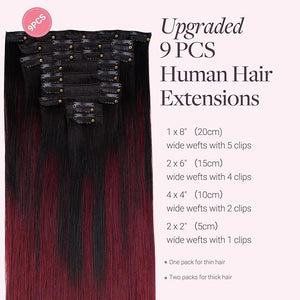 GOO GOO Clip in Hair Extensions Real Human Hair Remy Human Hair Extensions Clip ins for Women Natural Human Hair 16inch 150g 9 Pcs #1/99j Balayage Jet Black to Red