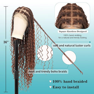 Kalyss HD Full Lace Boho Braided Wigs for Women 360 Lace Front Box Braided Wigs with Baby Hair Brown Premium Synthetic Knotless Braid Wig 36