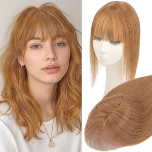 Rich Choices Real Human Hair Toppers for Women 3D Cover Clip in Bangs 100% Remy Human Clip in Silk Base Hair Topper with Bang for Thinning 150% Density 14 Inch #6 Light Brown