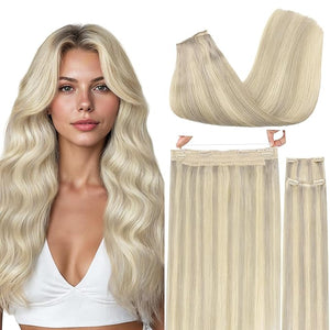GOO GOO Wire Hair Extensions Human Hair 17A/60A Ash Blonde mix Platinum Blonde Highlighted 14inch 105g Invisible Wire Hair Extensions with Transparent Seamless Fish Line Hairpiece