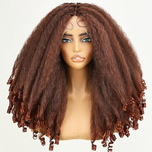 SOKU Afro Curly Lace Front Wig Synthetic Copper Reddish T Part 20 Inch Crimp to Curl Kinky Straight with Curly Ends Pre-plucked with Baby Hair Transparent Swiss Lace Yaki Texture Ginger Wigs for Women