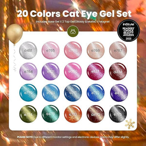 Beetles Cat Eye Gel Nail Polish Set - 20 Colors Christmas Glitter Red Green Blue Brown Black Nude Pink Magnetic Base Matte Glossy Top Coat Galaxy Gemlight Soak Off UV Manicure Salon Gift for Women
