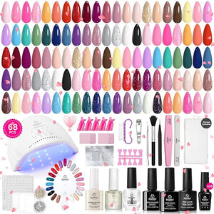 Beetles Gel Nail Polish Kit with U V Light - 68 Pcs 35 Colors Pink Glitter Nude Gel Polish Set Vivid Seasons with Base Matte&amp;Glossy Top Coat Home DIY Nail Stuff Art Set Gifts for Women Teens Girls