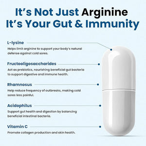 Lysine Cold Sore Treatment for Lips with Pre-Probiotics &amp; VIT C | 1 Month Supply | Supercharged Lysine Capsules with Rhamnosus &amp; Acidophilus for Cold Sores Relief, Skin + Gut Health &amp; Immu