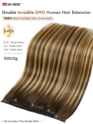 WIGNEE Double Invisible OVO Balayage Hair Extension Genius Invisible Weft with Holes 18 Inch Highlight Honey Blonde Remy Human Hair Extension Sew ins Straight Extension Hair Weaves 5 PCS 100g (T4/27)