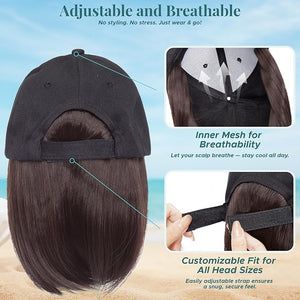 MY-LADY Hat Wig Hat with Hair Attached for Women Baseball Cap with Hair Extensions Adjustable Short Straight Synthetic Hairpiece for Daily Use 6 Black Cap to 6A