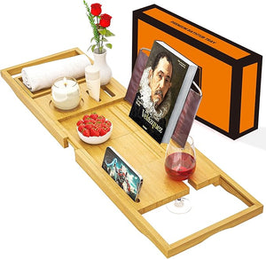 Premium Bathtub Tray Caddy - Bath Tray Expandable - Bath Tub Tray Table for Bathtub, Bamboo Wooden, Fits Most Bath Tubs