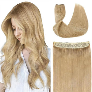 RECOOL Wire Hair Extensions Real Human Hair Caramel Blonde Remy Hair Extensions Invisible Wire Fish Line Hair Extension Straight Clip in Hair Extension 12 inches