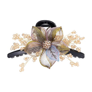 SINIDE Copper Wire Hair Claw Clips, Hand-woven Rhinestones Flower Clip Barrette Crystal Claw Jaw Clamp Plastic Wedding Head Piece Styling Accessories for Women Ladies Thick Curly Hair (Champagne)
