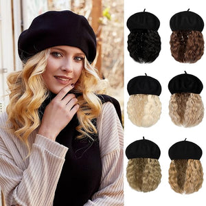 AynnQueen Beret with Hair Extensions for Women Hat with Kinky Curly Synthetic Wig Attached 8 inch Long Curly Hair Black Beret (Ash Blonde)