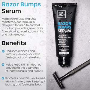 The Man Razor Bumps Serum - Ingrown Hair Treatment for Men - Razor Bump Treatment for Men - Face &amp Body After Shave &amp Razor Burn Treatment - Metal Roll On Soothes Skin &amp Calms Irritation (
