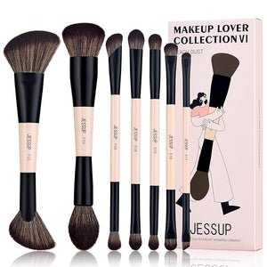 Jessup Makeup Brushes Set 7pcs Double Sided Makeup Brushes for Foundation Concealer Blush Eyeshadow Contour Bronzer Powder Blending Eyebrow Eyeliner Cruelty-Free Make up Brushes Peach Dust T600