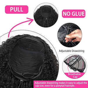 Half Wig Human Hair - 200% Density Curly Half Wig 3 In 1 Wear Go Glueless Wigs 16 Inch Drawstring Seamless Kinky Curly Flip Over Headband Wig Human Hair Beginner Friendly