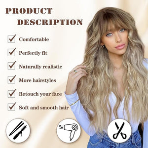 Lativ Dirty Blonde Wig With Bangs Long Wavy Curly Ombre Blonde Wig with Dark Roots Synthetic Heat Resistant Wigs for Women Daily Party Use 26 Inches