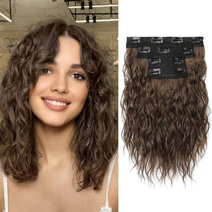 REECHO Clip in Hair Extensions - 4PCS 12 Short Curly Wavy Brown Hairpieces - Invisible Lace Weft - Natural Soft - Ginger Brown