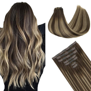 GOO GOO Clip in Hair Extensions Real Human Hair Remy Human Hair Extensions Clip ins for Women Natural Human Hair 24inch 140g 7Pcs #4/26/4 Balayage Chocolate Brown to Honey Blonde