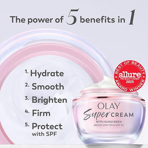 Olay Super Cream with Sunscreen SPF 30 Lightweight Face Moisturizer with Sun Protection 5-in-1 Skin Care Benefits - Hydrating Brightening Firming - Niacinamide Vitamin C Collagen Peptide 1.7 oz