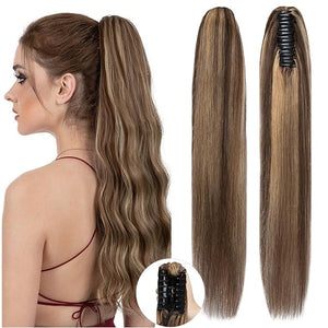 Claw Clip Ponytail Extension Human Hair Long Straight Clip in Ponytail Hair Extensions Real Hair Ponytail Extension,16inch #4P27 Medium Brown mixed Dark Blonde,105g